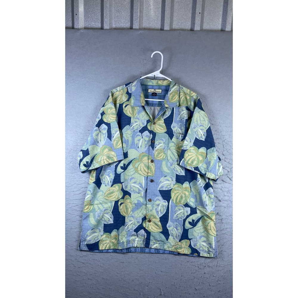 Tommy Bahama Button Front Shirt Mens XL Blue Excellent Silk Tropical Leaf Print